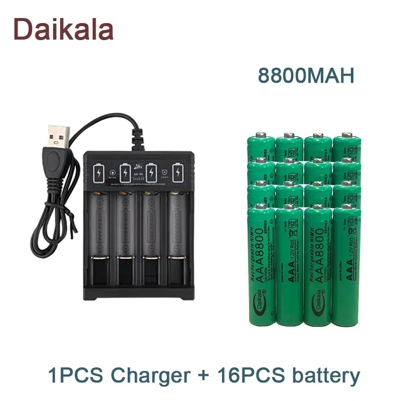 Batería alcalina AAA de 1,2 V, 8800mAh, linterna, juguete, reloj, reproductor de MP3, batería de níquel-hidrógeno de repuesto, + cargador: Rosa