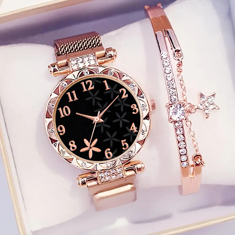 2 Teile/satz Blume Zifferblatt frauen Uhr Magnet Schnalle Gittergewebe Band Quarz Uhren Stern Armbinde einstellen (Ohne Kasten)