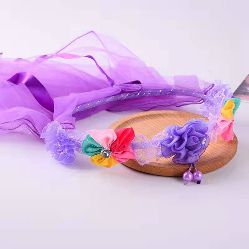 Girls Princess Crown Headband Tulle Bridal Veils Garland Wedding Party Wreath Children Hair band Solid Color Beaded Tassel: 6