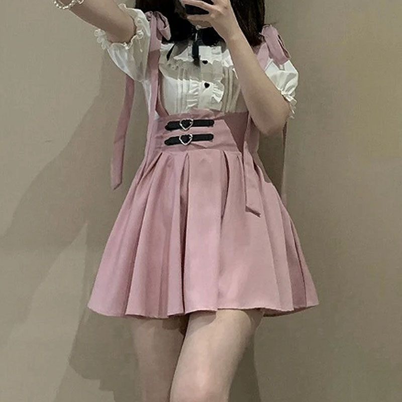 Japansk kawaii lolita mini nederdel kvinder høj talje pink blå bandage fe  y2k æstetisk nederdel afslappet sød flæsenederdel: Himmelblå