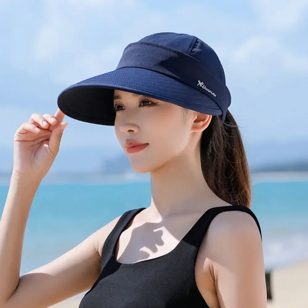 Sombrero de sol de ala ancha para mujer, gorro de cola de caballo desmontable, tapa vacía, protección UV para pesca en la playa al aire libre, Color sólido, 1 ud.: Verde