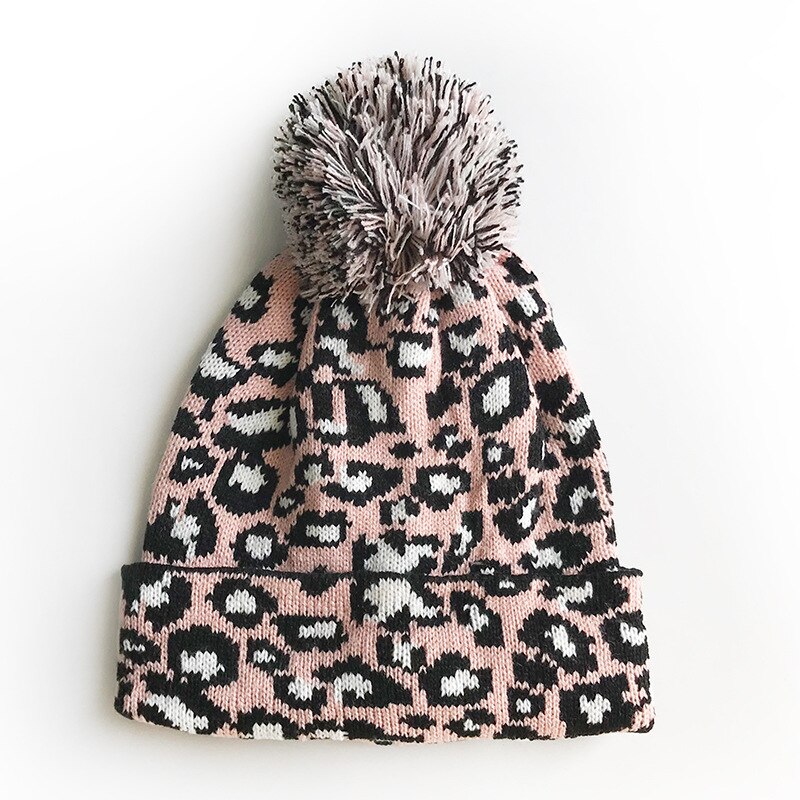 Leopard mössor dam höst vinter plysch boll hatt tryckt varm tjocka stickad huvudbonad keps: Rosa