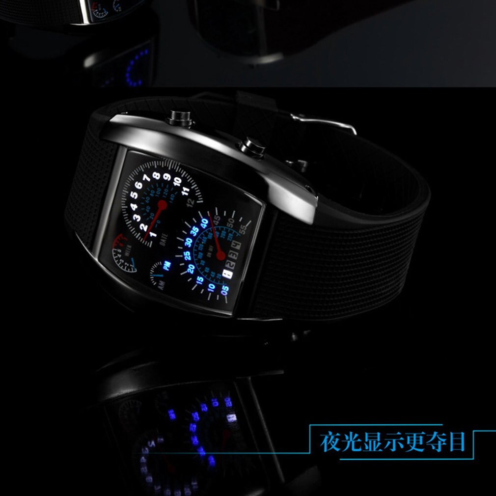 Unisex Car Speed Meter Dial LED Wrist Watch Flash LED Sports RPM Blue & White Men WatchNice