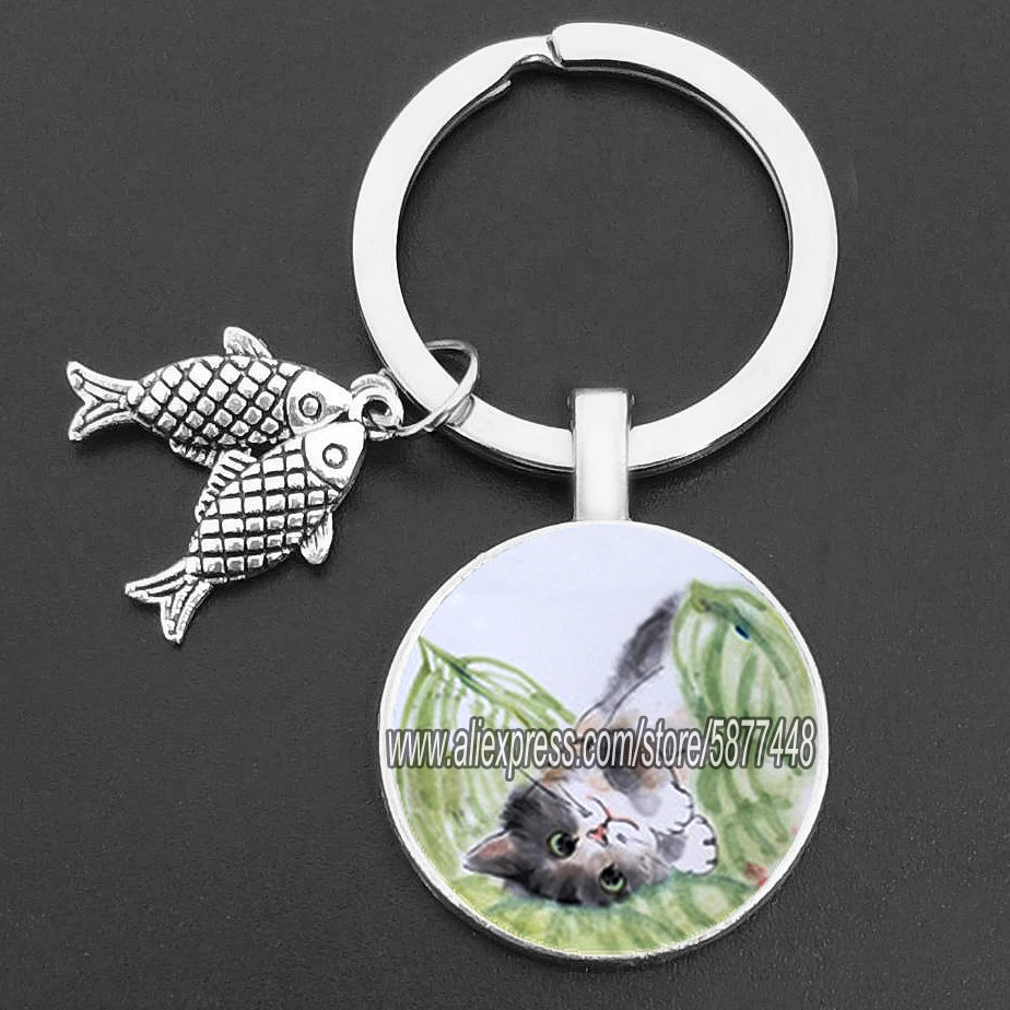 Ondeugende kat en vis glazen hanger sleutelhanger schattige kat die wil vis eten sleutelhangers voor vrouwen en schattig meisje: Beige