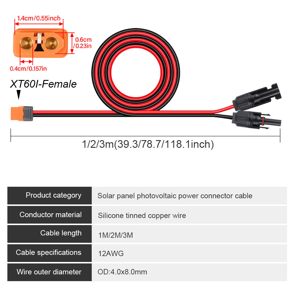 Solarstecker auf XT60I-F-Adapter, 12 AWG-Kabel, Verbindung Solarpanel-Ladekabel, 1/2/3 m, für tragbares Generator-Kraftwerk