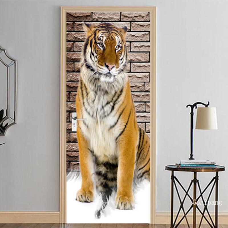 3d tigermønster dørklistremerke moderne stil dyrekunst tapet barn soverom stue hjemmeinnredning dørdekaler pvc selvklebende: 95 x 215cm