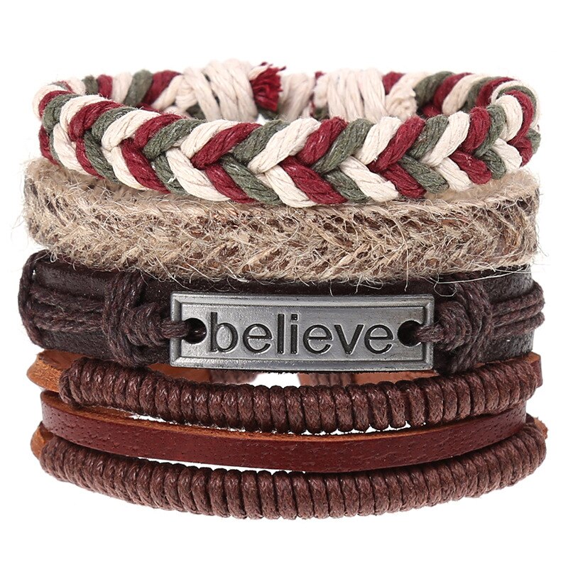 Pulseira de couro trançado 4 pçs/set, pulseiras para homens e mulheres, vintage, contas de madeira, cruz, étnica, esperança: V
