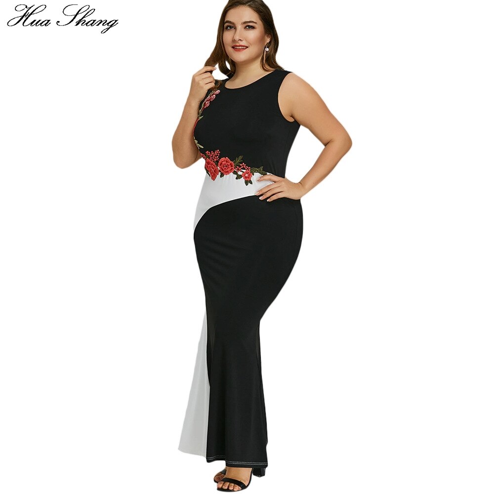 5XL Plus Size Party Dress Women Summer Sleeveless Embroidery Floral Mermaid Formal Dress Black And White Maxi Long Dresses