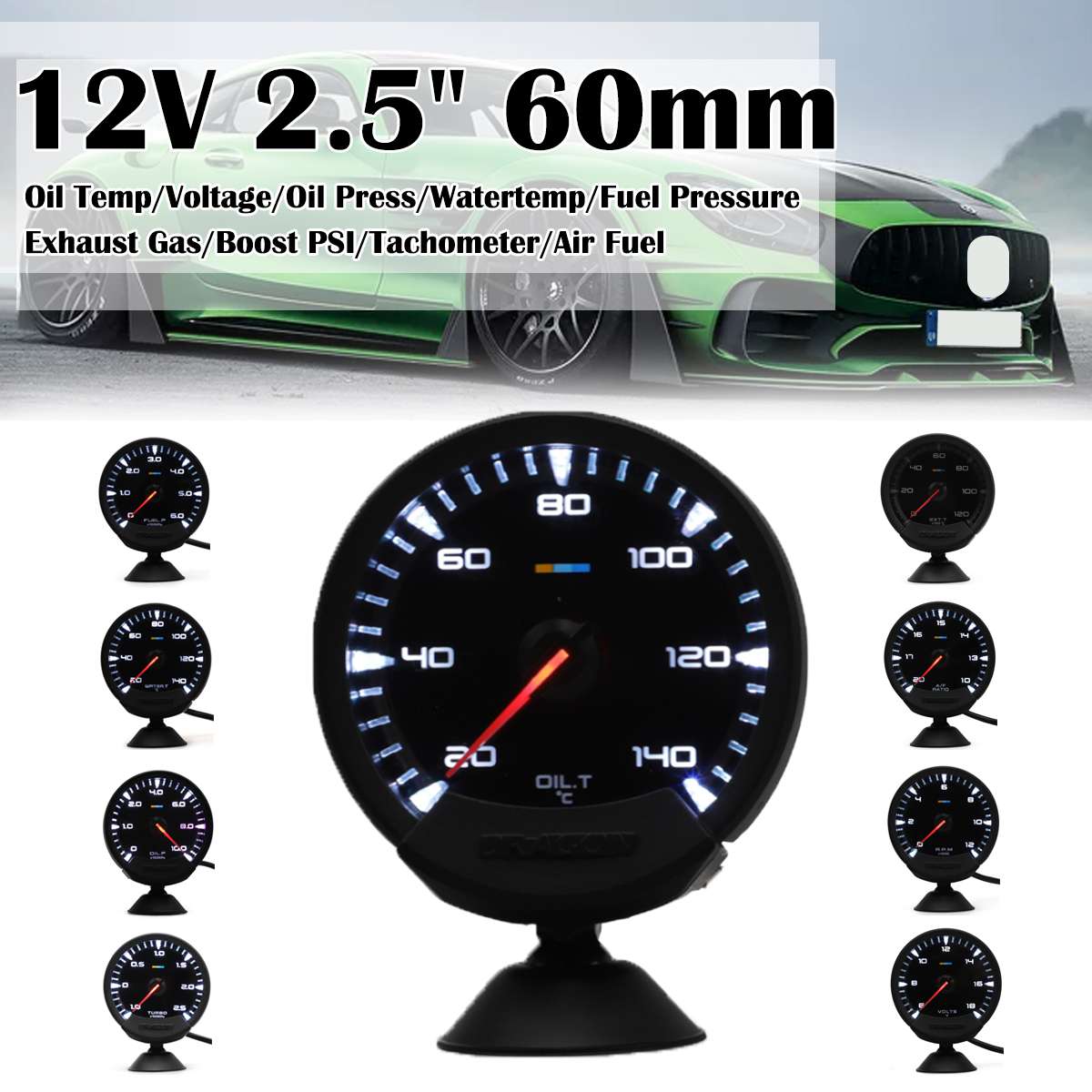60mm 2.5" Car Gauge LED Digital Display Voltmeter 12V Voltage Oil Temp Oil Press Watertemp Fuel Pressure Tachometer Boost PSI