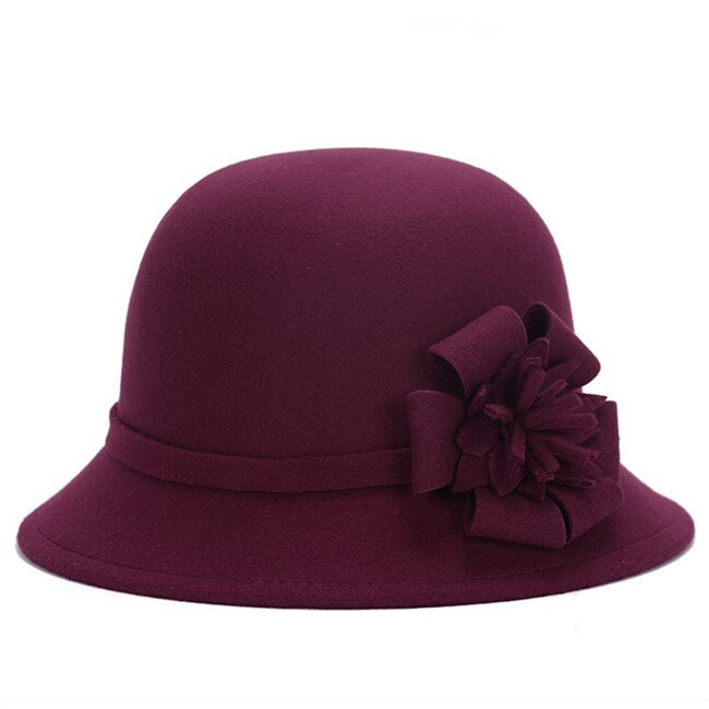 Elegent Frauen Wolle Filz Blumen Fedora Hütte Damen Breiter Krempe Hütte Herbst Winter Edle Europäischen Amerikanischen Elegante Mädchen Kappe: Wein rot