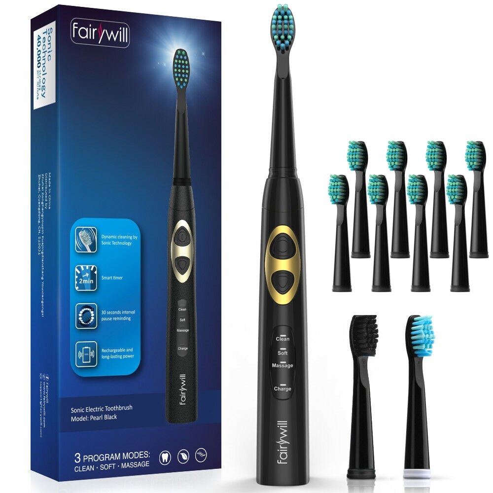 Fairywill Electric Sonic Rechargeable FW-917 Toothbrush USB Fast Charge Waterproof Electronic Tooth Replacement 3 Heads For Adu: 917Black.FW02-2