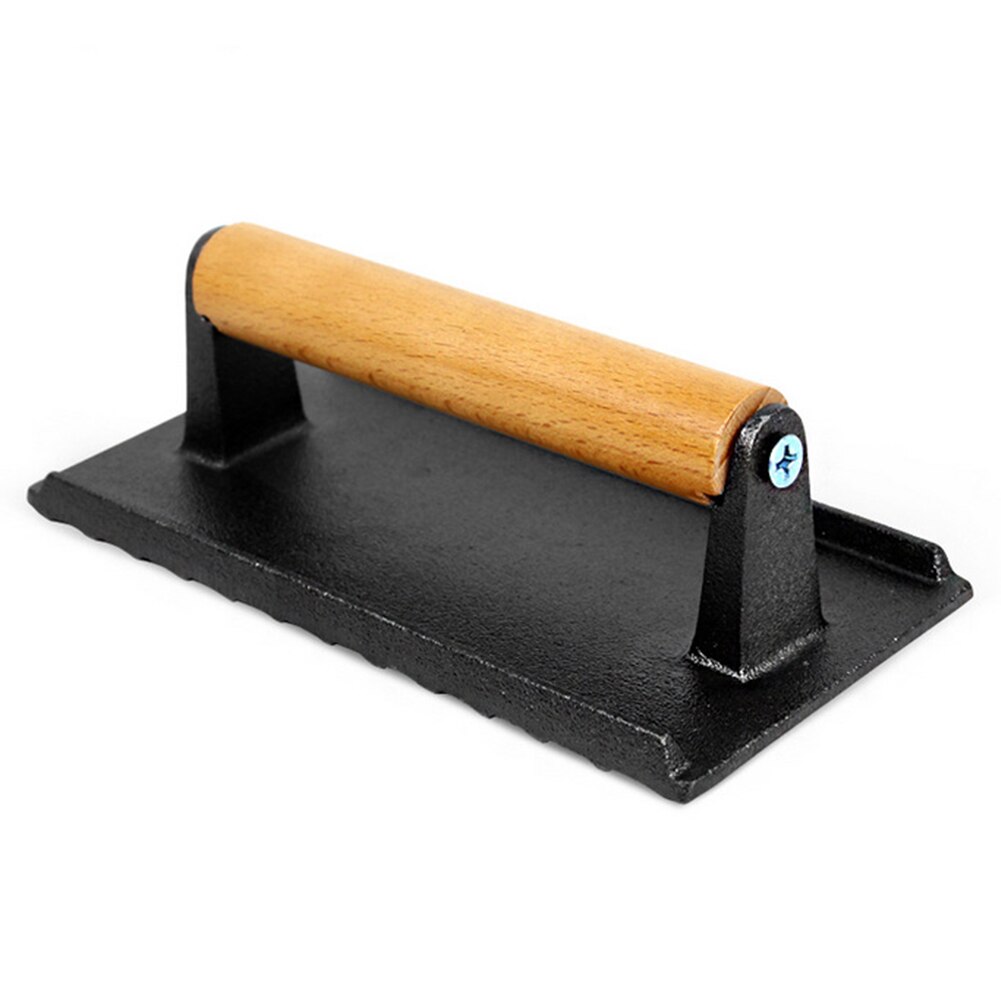 Plate Cast Iron With Wooden Handle Steak BBQ Grill Weight Press Meat Press
