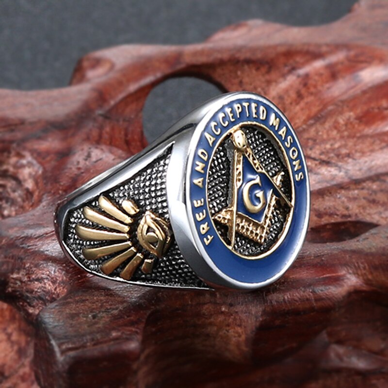 Masonic Ring Free Mason Stainless Steel Freemasonry Ring Freemason Gold For Men AG Jewelry Punk Blue Enamel Size 8-13