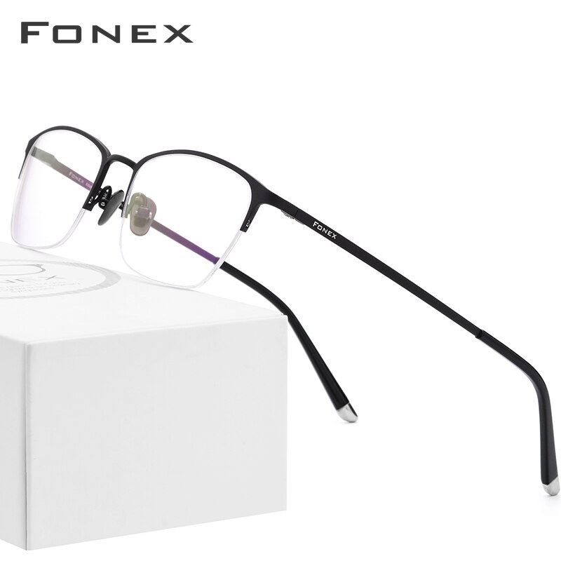 FONEX montura de gafas para hombre gafas ópticas de titanio puro prescripción media llanta gafas Semi sin montura marcos de gafas 8502: Black