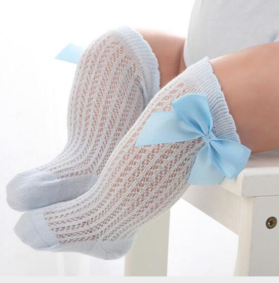 Crianças meninas grande arco na altura do joelho meia alta algodão macio rendas menina meias arco do bebê joelho longo recém-nascido meias novas crianças: blue mesh sock / Fit 2 to 4 year
