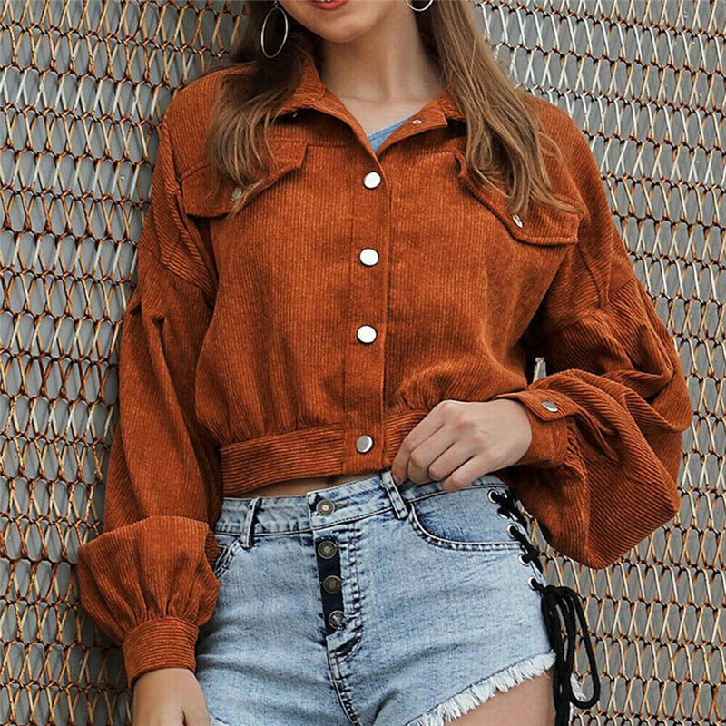 Lange Mouwen Vrouwen Corduroy Korte Jas Knop Pocket Crop Jas Lange Puff Mouwen Uitloper Zakken Top