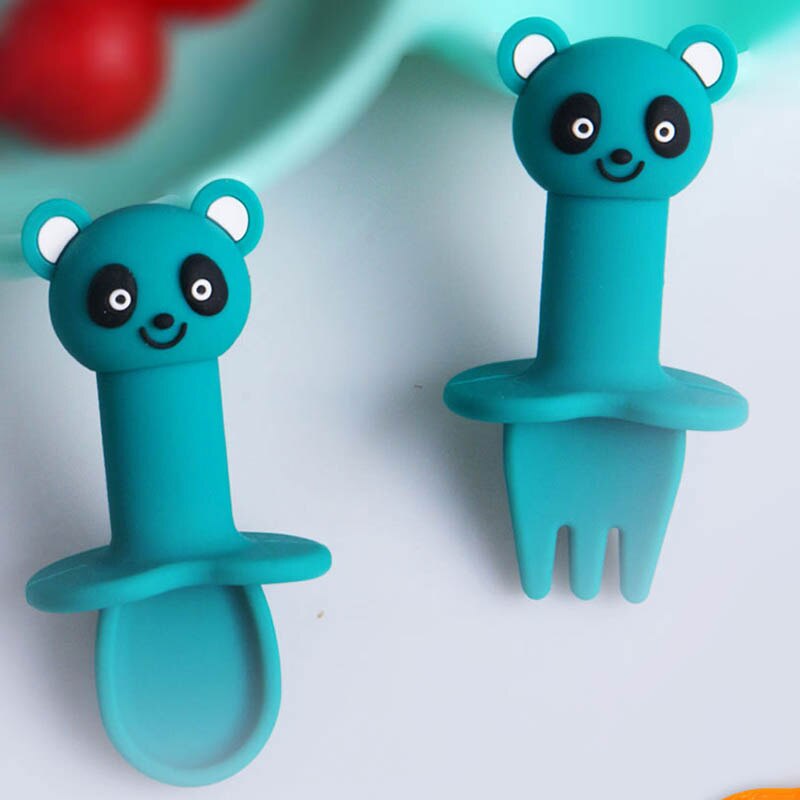 2Pcs/Set Cartoon Pattern Spoon Fork Set Detachable Safe Silicone Infant Feeding Children Tableware Utensil Heat-Resistant Spoon