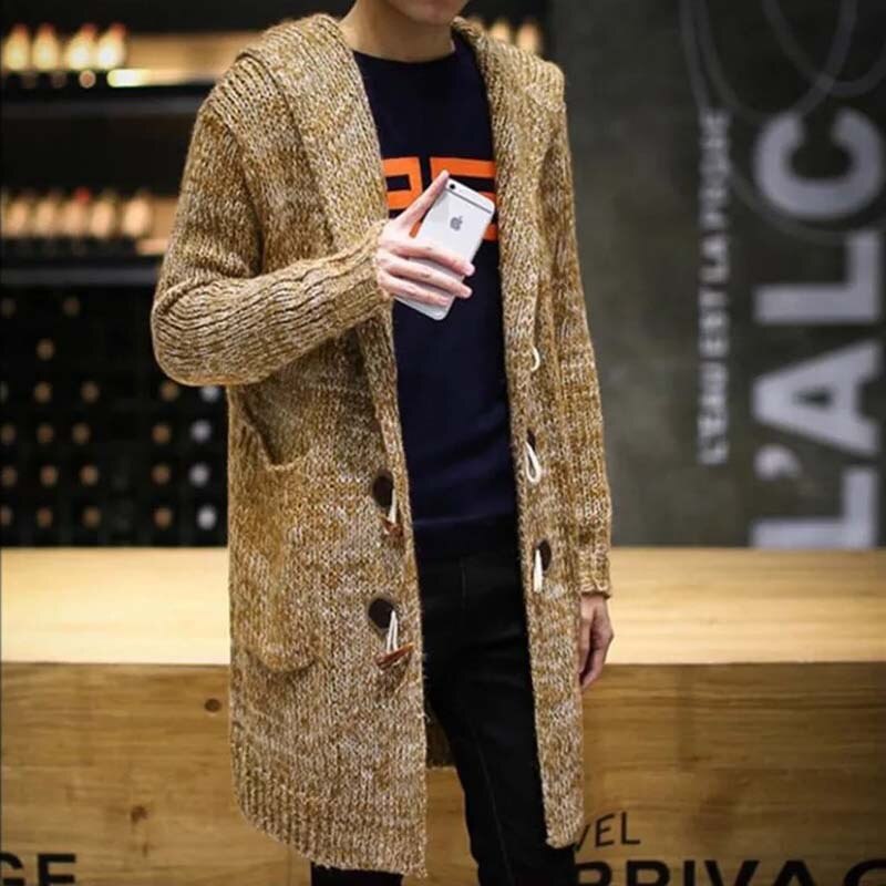 Male Long Sweaters Men Solid Cardigan Sweaters Long Casual Knit Coat Men's Cardigan Hooded Sweaters