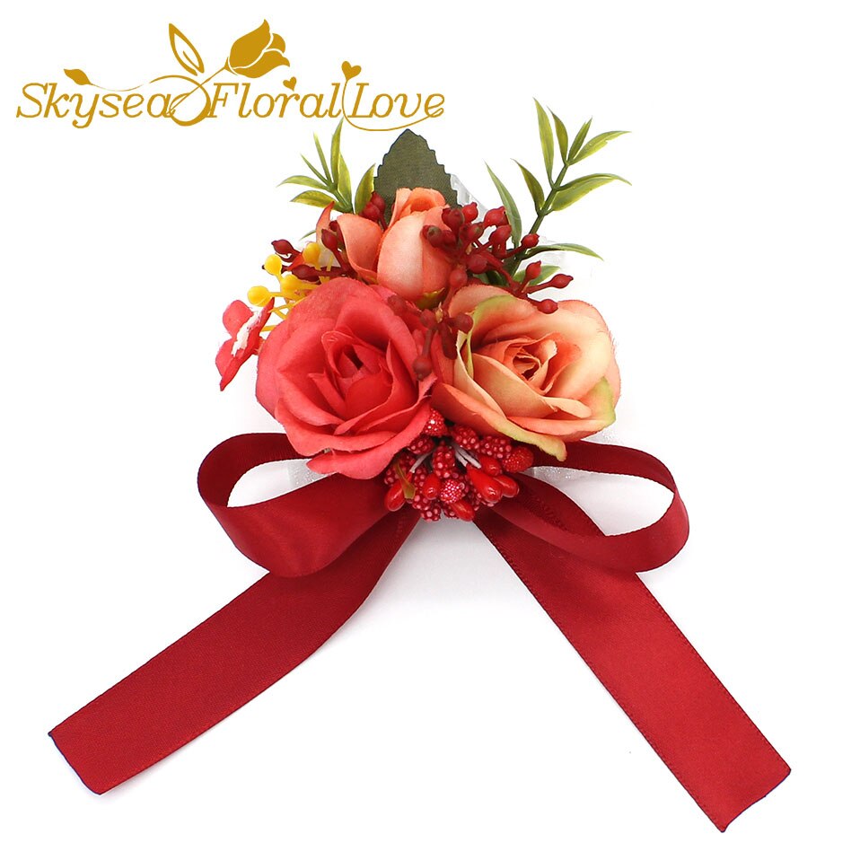 Bruiloft corsages en boutonnières broche bruid bruidegom pols corsages bruiloft bloemen: Red Wrist
