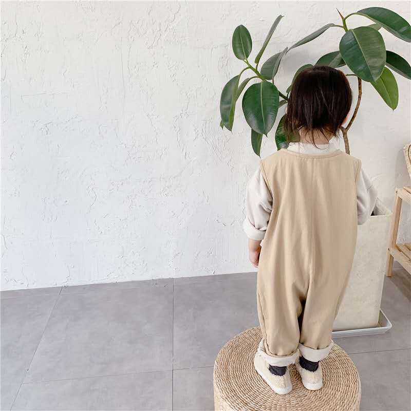 Herfst Winter Meisjes Lange Koreaanse Stijl Katoen Kinderen Jumpsuit Effen Kleur Pocket Enkele Breasted Ronde Hals Mouwloze Mode