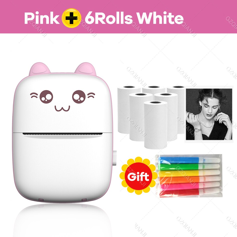 Thermal Printer 203DPI Portable Bluetooth 4.0 Thermal Photo Printer Wireless Inkless Mini Pocket Label Notes Printer With Papers: PK add 6WHITE