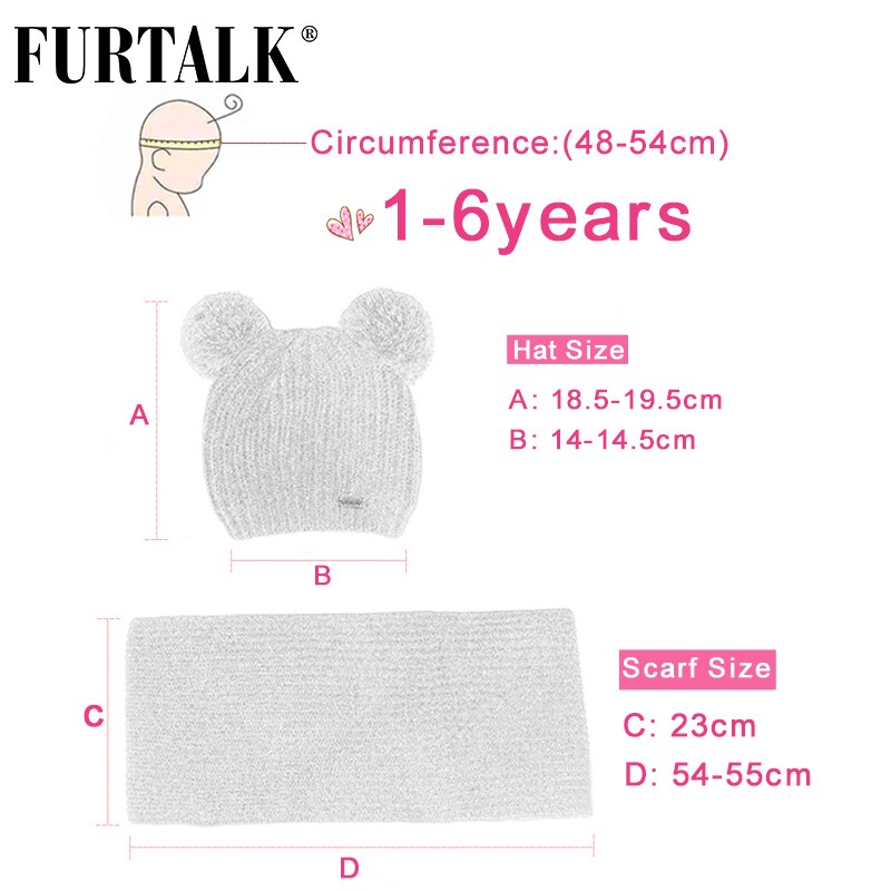 Furtalk lasten talvihattu ja huivisetti lapsille lämmin talvi kaksinkertainen pom pom hattu poikavauva tytöt fleece neulottu pipo hattu ja huivi