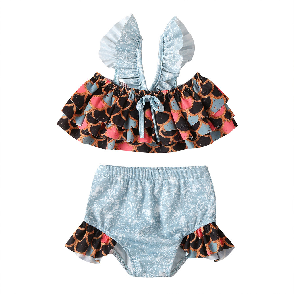 Zomer Kids Baby Meisje Mouwloze Cartoon Ruche Badmode Badpak Bikini Outfits Vis Schaal Print Peuter Badmode Badmode