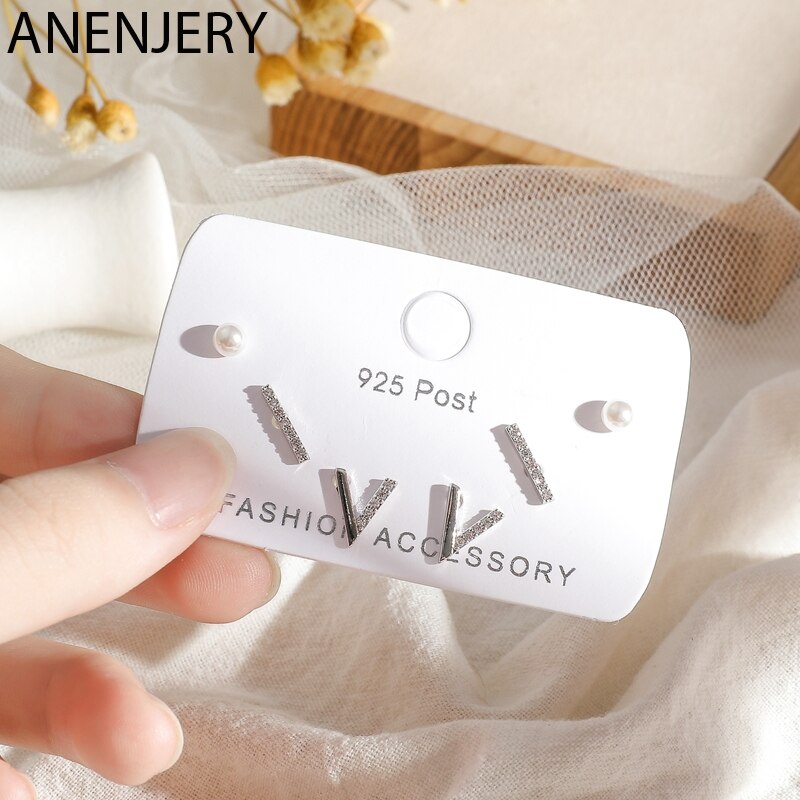 ANENJERY Semplice 6 pezzo di Piccoli Orecchini di Perle impostato punto Zircone Dritto V-a forma di Orecchini con Perno per Le Donne del Regalo S-E1215