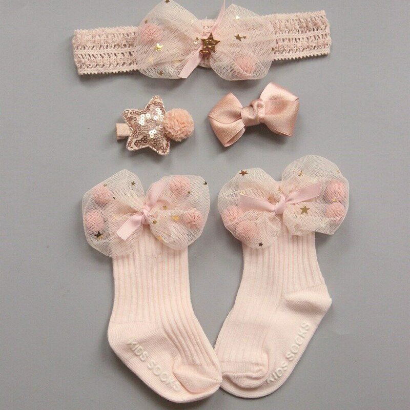 Newborn Baby Socks Headband Set Toddler Kids Crib Ankle Socks Hair Band Bow Hair Clip Set Princess Cute Lovely