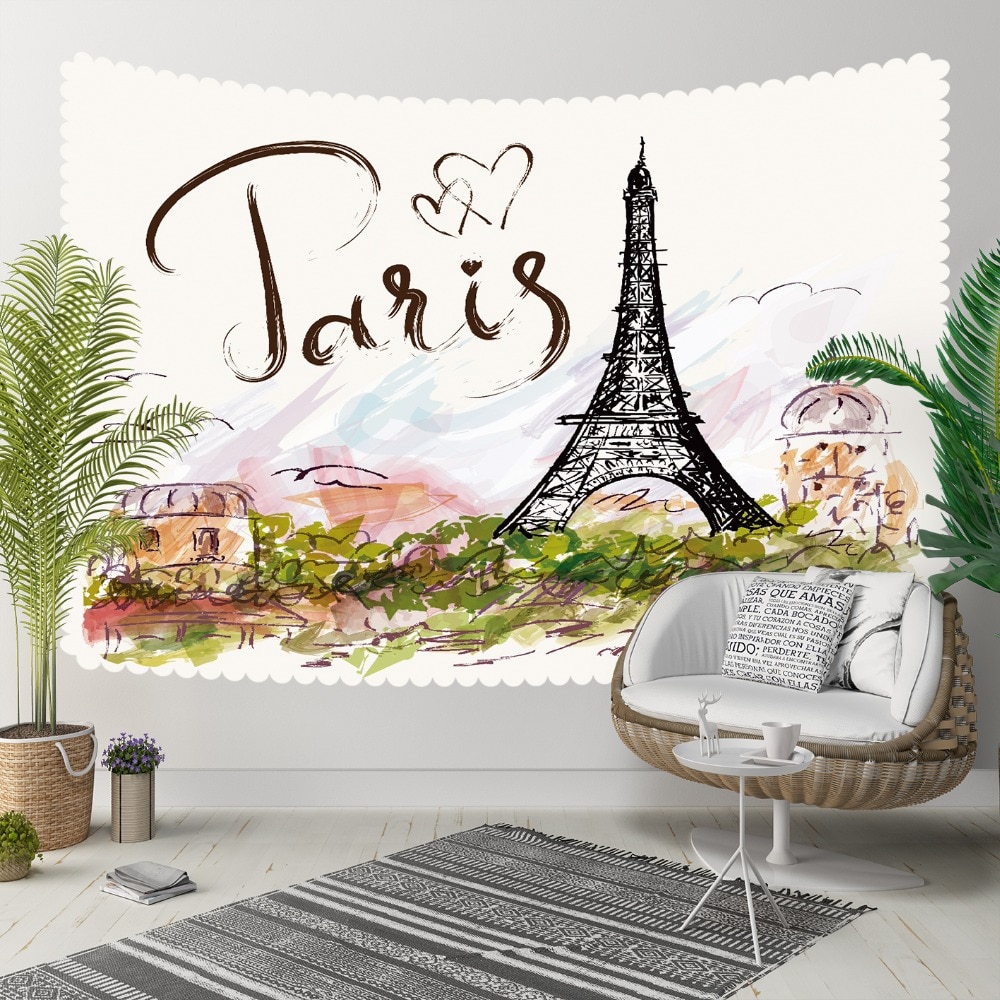 Anders Parijs Geschreven Eiffeltoren Groen Bloemen Harten 3D Print Decoratieve Hippi Bohemian Muur Opknoping Landschap Tapijt Muur Art