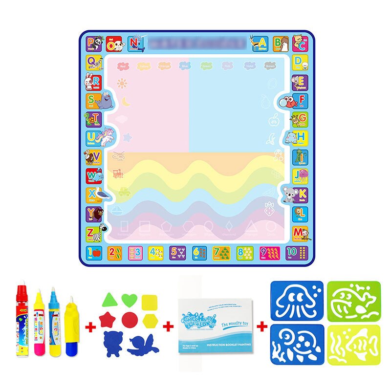 4 typer stor størrelse magisk vandtegningsmåtte sæt med vandpen & eva-frimærker maleri doodlebræt pædagogisk legetøj til børn: D -1 100 x 100cm