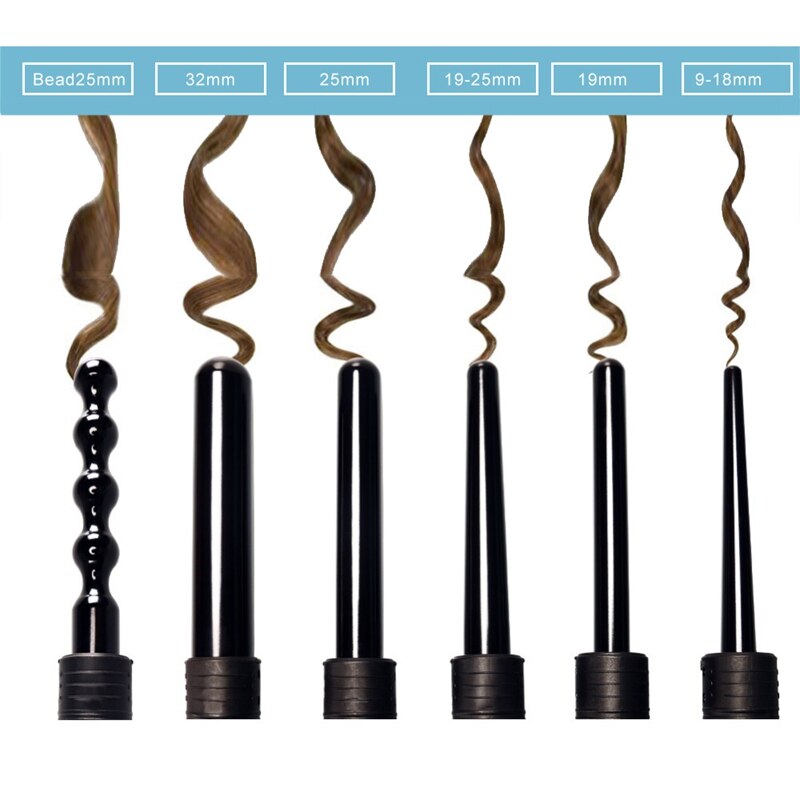 ！-Multifunctional 6 in 1 Curl Bar LCD Curling Ceramic Flat Iron Straightening Machine with 6x Shape Replacement Joint US Plug