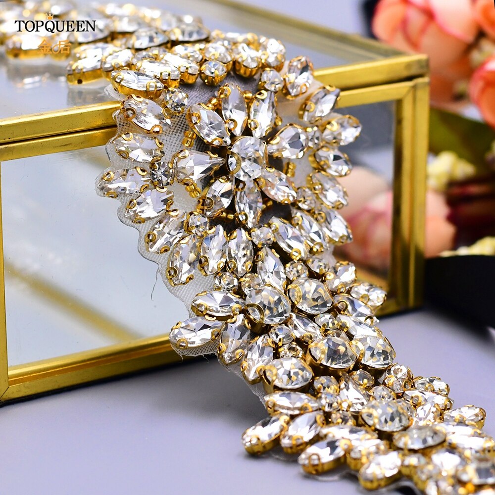 TOPQUEEN-cinturones para vestidos de novia de talla grande S319-G, cinturones dorados para mujer, cinturón de diamantes de imitación, cinta de lujo para novia, faja de boda