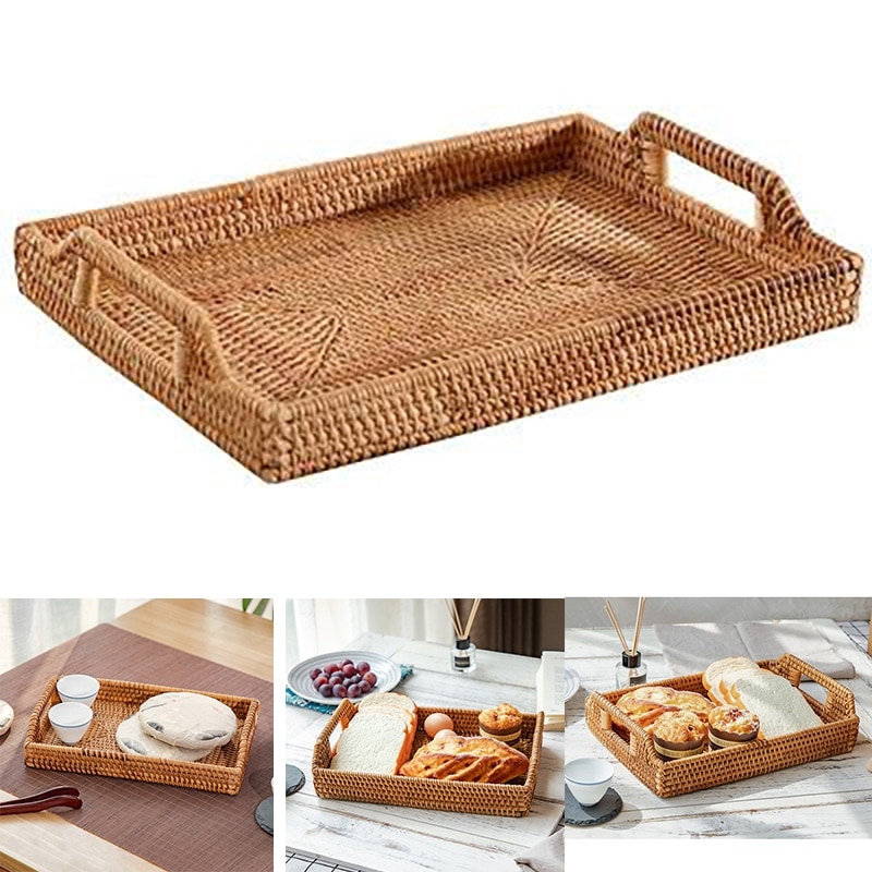 Rattan Storage Basket Snack Bread Basket Square Woven Basket Living Room Tabletop Tea Ceremony Accessory Tray
