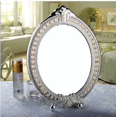 Espelho de mesa de estilo europeu jóias em relevo pérola-inlayed espelho decorativo metal quadro mesa espelhos decorativos 336a: sliver 10inch