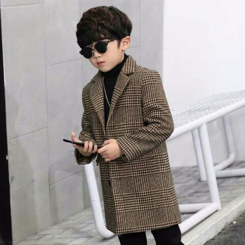 Autumn Winter Boys Jacket Wool Coat Kids Lattice Coats Windbreaker Children Clothes Teen Boys Trench Coat G114