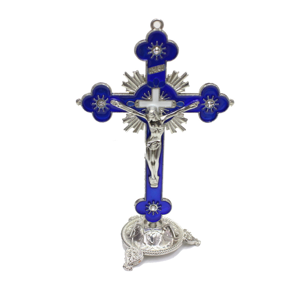 Emaille Christian Cross Jezus Christus Standbeeld Home Office Auto Dashboard Standbeeld Figuur Woondecoratie Katholieke Kruisbeeld Kruisen: Blauw