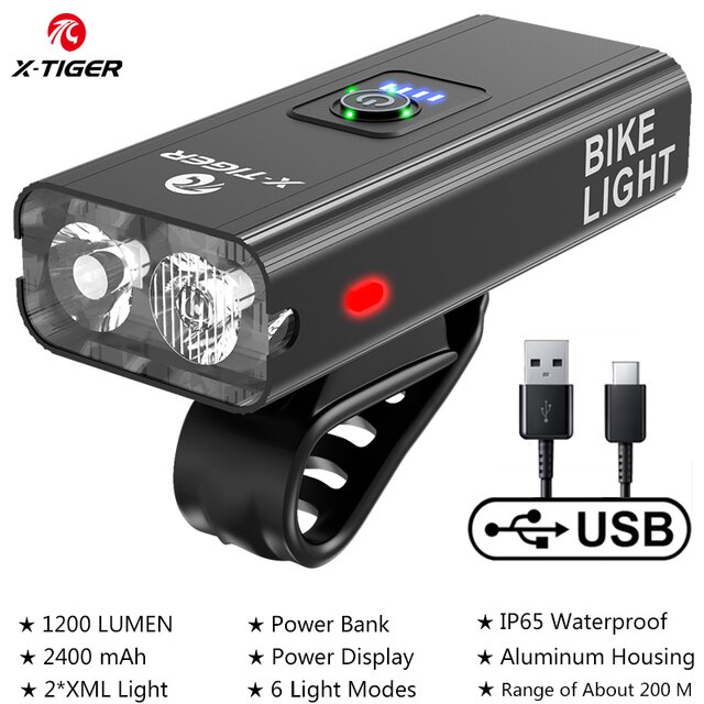 X-TIGER Bicycle Light IPX6 Waterproof 1200 Lumens USB Charging Bicycle Lamp 2400mAH MTB Road Bike Front Flashlight Headlight: light green