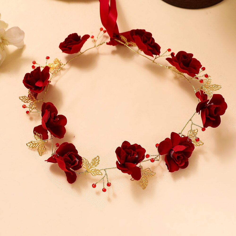 3PCS/Set Flower Jewelry Sets Red Floral Headband Bridal Wedding Headpiece Bijoux Women Party Necklace Earrings Handmade
