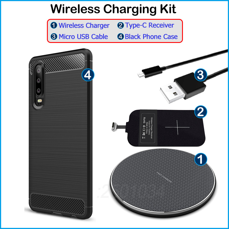 Draadloos Opladen Voor Huawei P30 Qi Draadloze Oplader + Usb Type C Ontvanger Adapter Soft Tpu Case Voor Huawei p30: Wireless Charger Kit