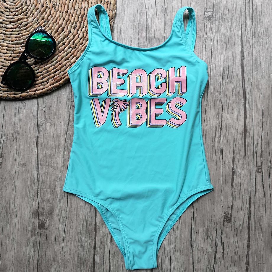 8-14 Years Girl Swimsuit Kids One Piece Teenager Girl Bathing Suit Letter Print Children's Swimwear Girl Swim Wear Swimming Suit: 9-10