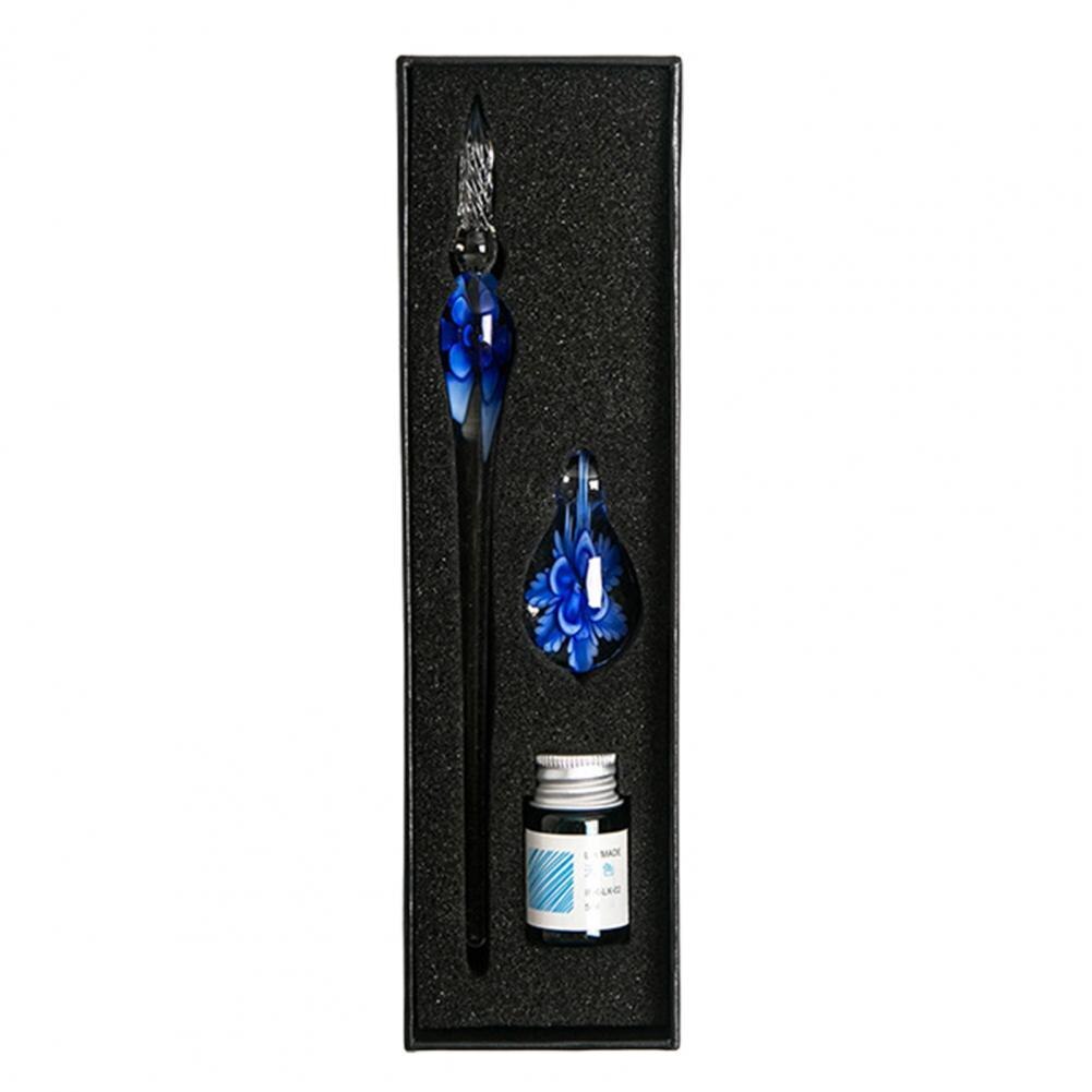 1 Set Glass Dip Pen with Ink Floral Glossy Fountain Pen Kit Smooth Writing Threaded Nib Crystal Ink Pen Set перо для письма 글라스펜: 3 Royal Blue