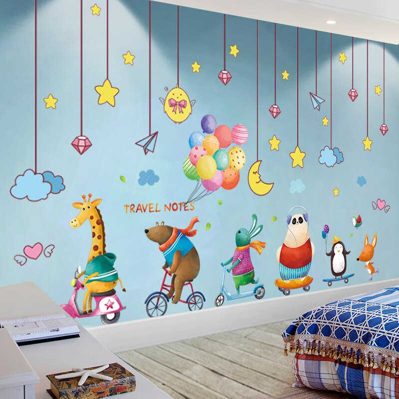 [Shijuekongjian] Cartoon Dieren Ballonnen Muurstickers Diy Stars Gordijnen Muurstickers Voor Kinderen Kamers Baby Slaapkamer Decoratie