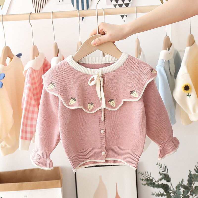Herfst Winter Baby Meisjes Lange Mouw Aardbei Revers Kraag Truien Trui Kinderen Kids Gebreide Vesten Bovenkleding: Roze / 18m