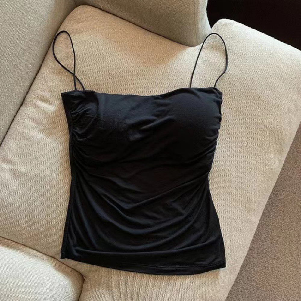 Tanktops Vrouwen Met Ingebouwde Bh Spaghettibands Voor Vrouwen Effen Kleur Casual Zomer Camis Vrouwelijke Koreaanse Stijl: Black