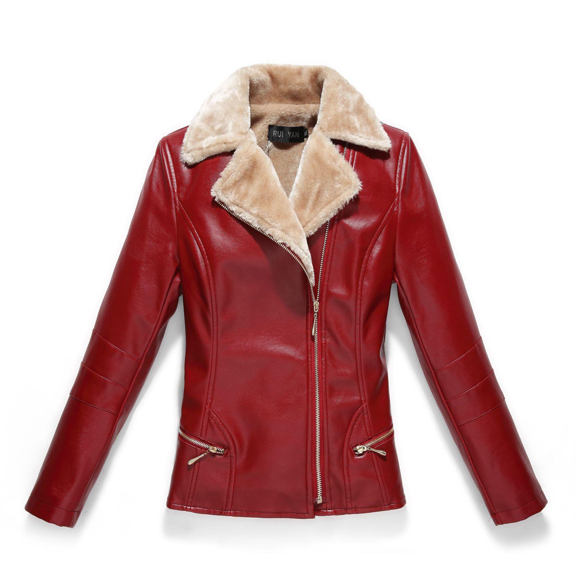 Women winter leather jacket plus velvet Outwear fur one zipper abrigo chamarras de mujer jaqueta de couro feminino: Red / XL 50-55 KG