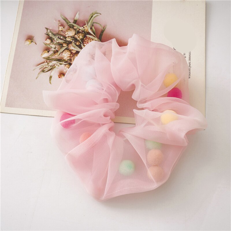 Vrouwen transparante tule kleurrijke haaraccessoires organza met bol net garen mesh scrunchie elastische haarbanden paardenstaarthouder: Roze