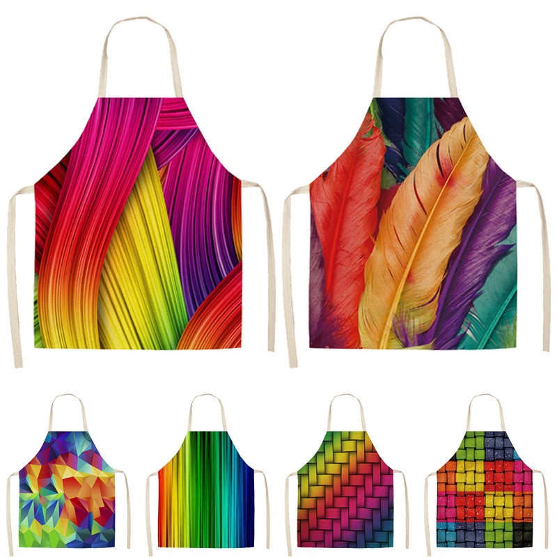 1 stuk regenboogkleurige geometrische keukenschort voor vrouwen katoenen linnen slabbetje huishoudelijke schoonmaakschort kookschort 53*65cm q0001