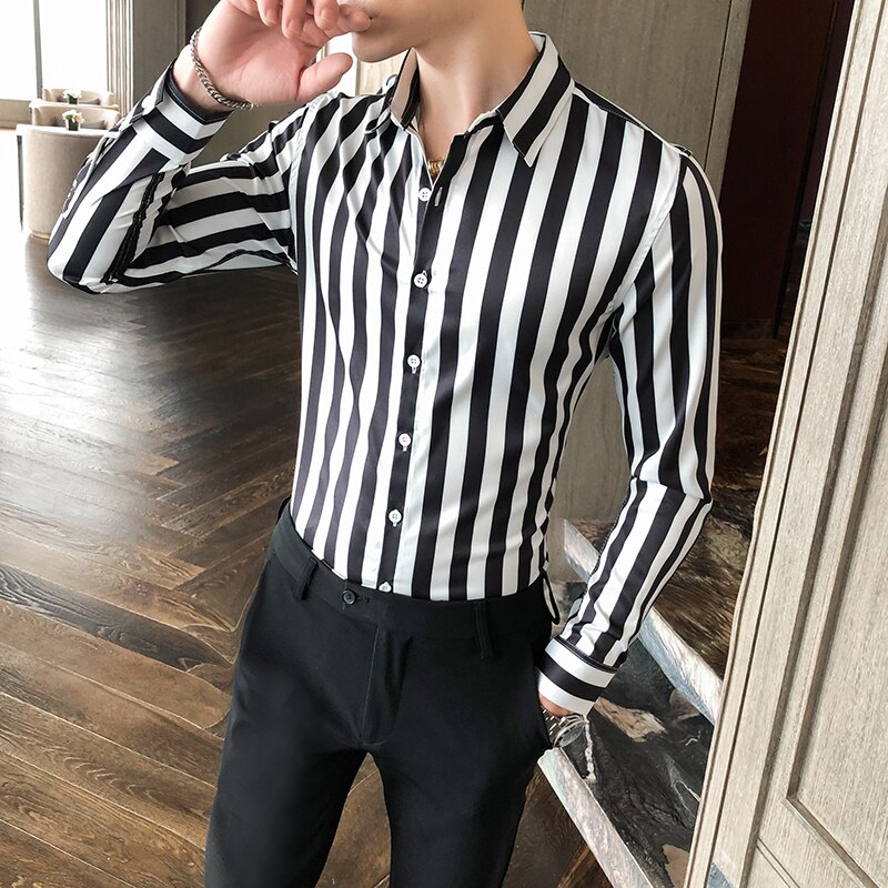 Zakelijke formele kleding lange mouwen gestreept overhemd herenkleding slim fit heren casual kantoor blouse homme 3xl- m: Zwart / Aziatische xxl 65-72kg