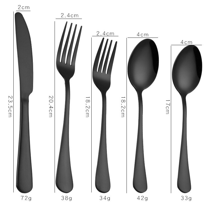 5 st set, färgglada bestick i rostfritt stål, svart bestick set, gafflar och skedar biff kniv set, middag cultery, matservering: Svart 5 st